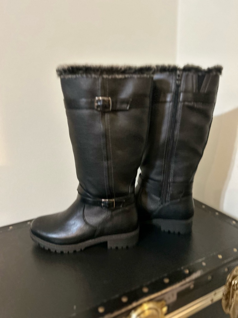 Black Faux-Fur Trim Tall Winter Boots with Buckle Detail